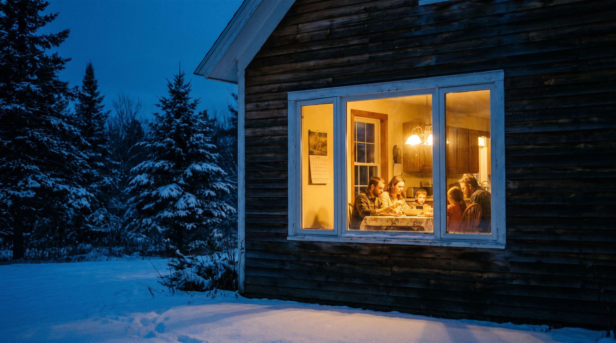 A lit farmhouse kitchen at dusk in the North Country